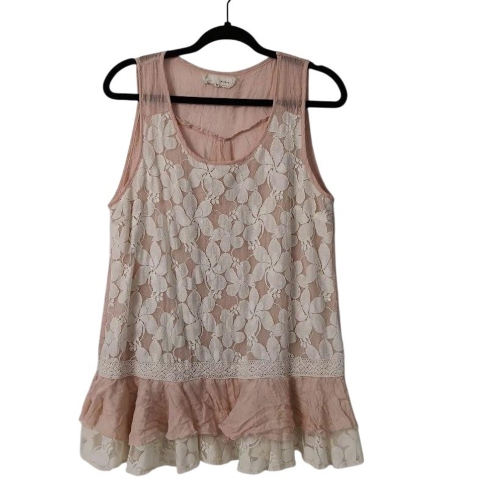 a'reve Shirt Womens‎ Medium Pink Ivory Lace Ruffle Hem Tank Top Sleeveless Boho